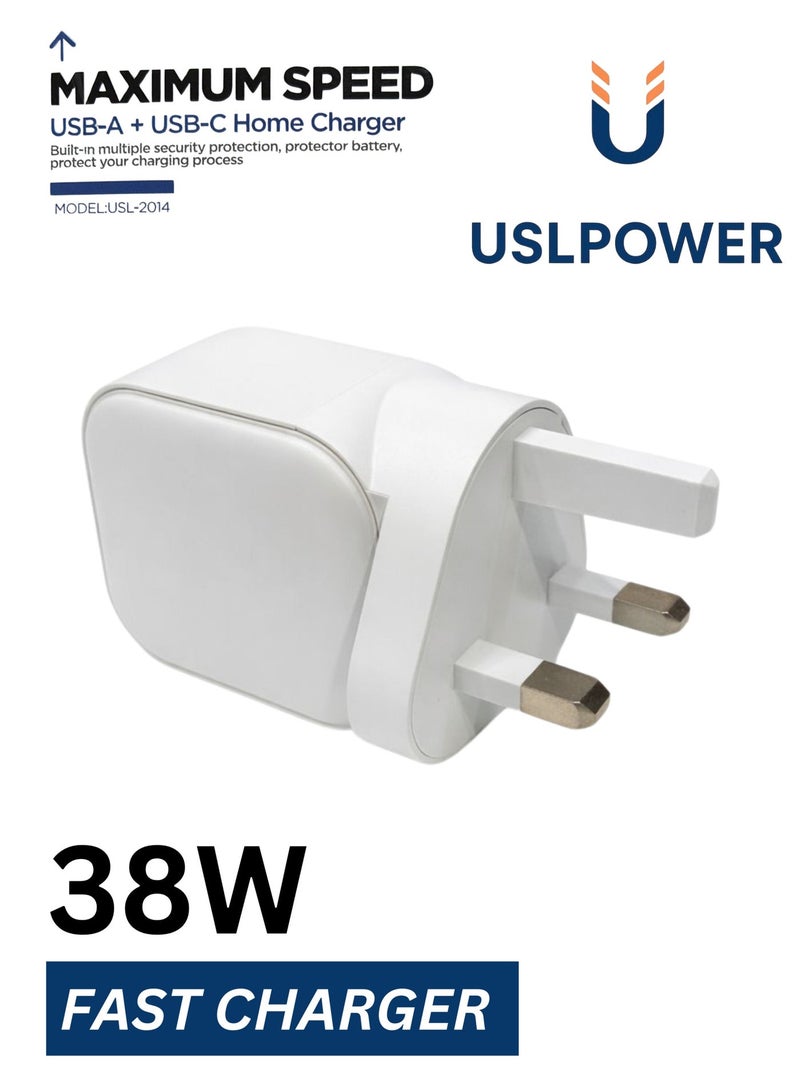 USLPOWER Power Adapter 38W GaN Fast Charger, Dual Port USB-C PD + USB-A QC Wall Charger, Fast Charging Power Adaptor for Smartphones & Tablets - Image 2